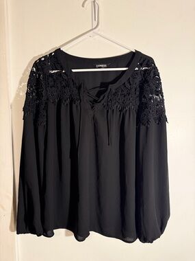 Express Black Lace Yoke Long Sleeve Blouse